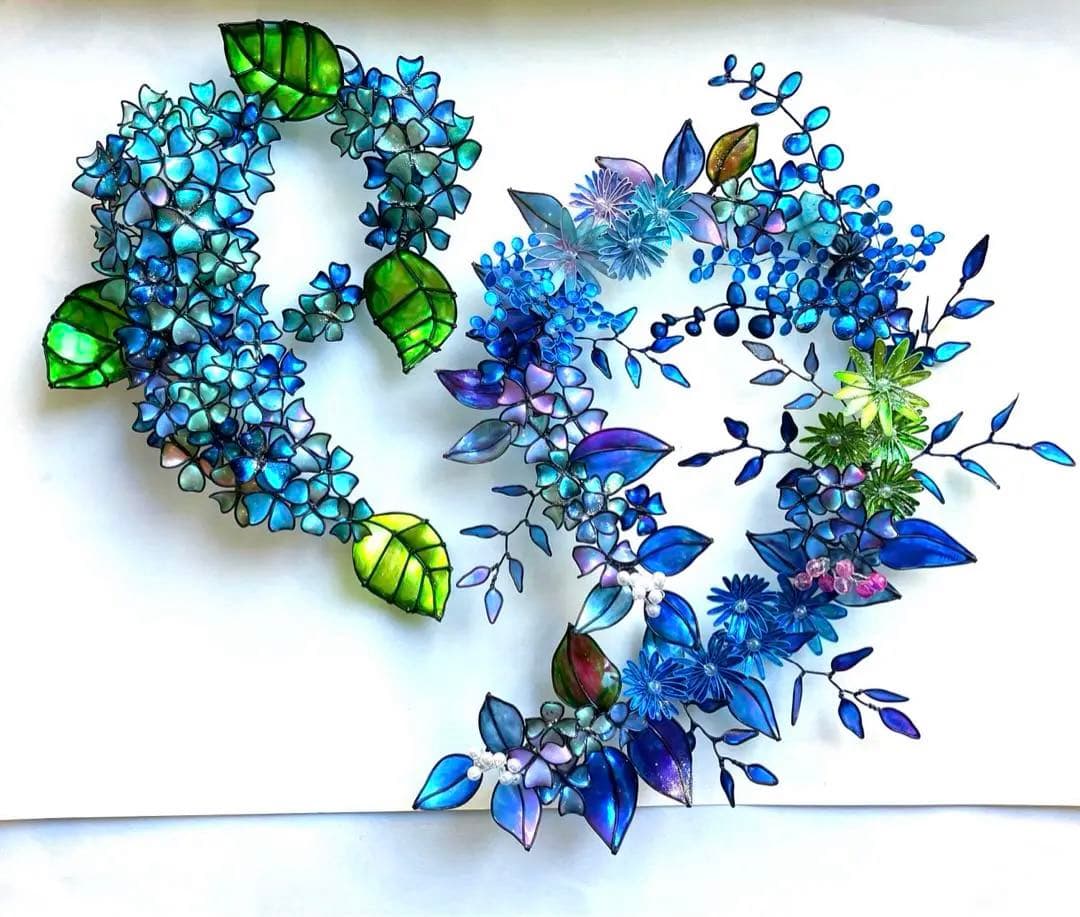 紫陽花リース　青ボタニカルリース　ワイヤークラフト　ディップアート　壁飾り