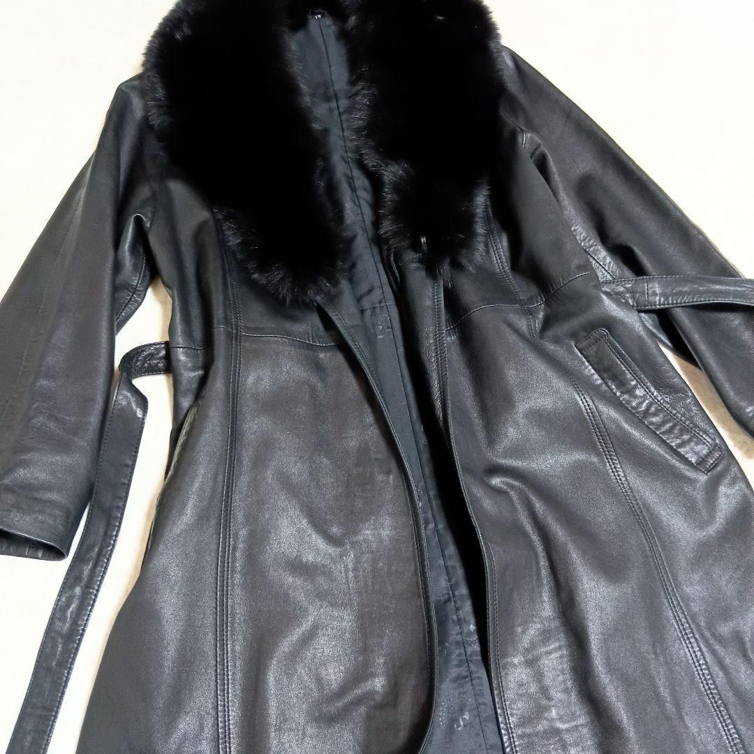 【ラムレザー】【フォックスファー】ロングレザーコート ベルト付き ブラック