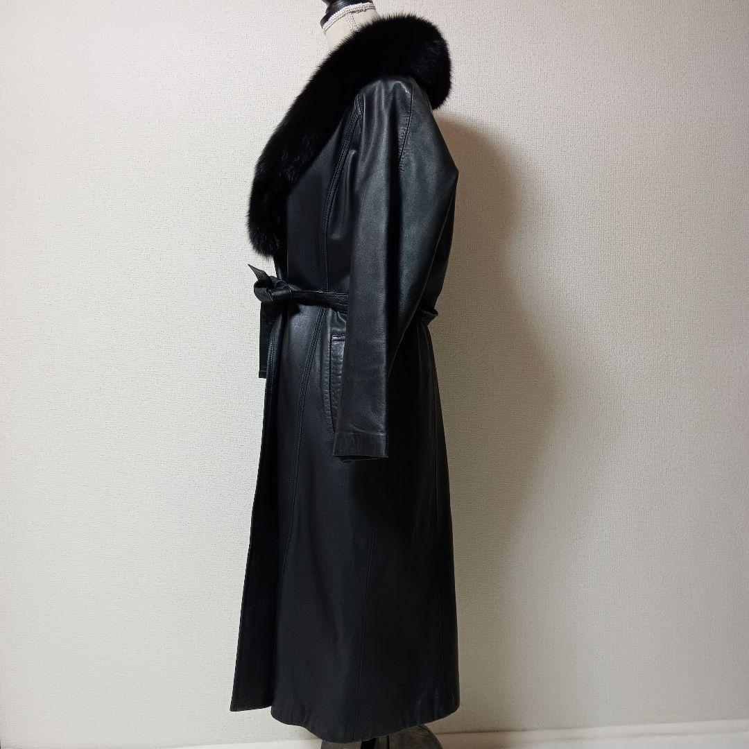 【ラムレザー】【フォックスファー】ロングレザーコート ベルト付き ブラック