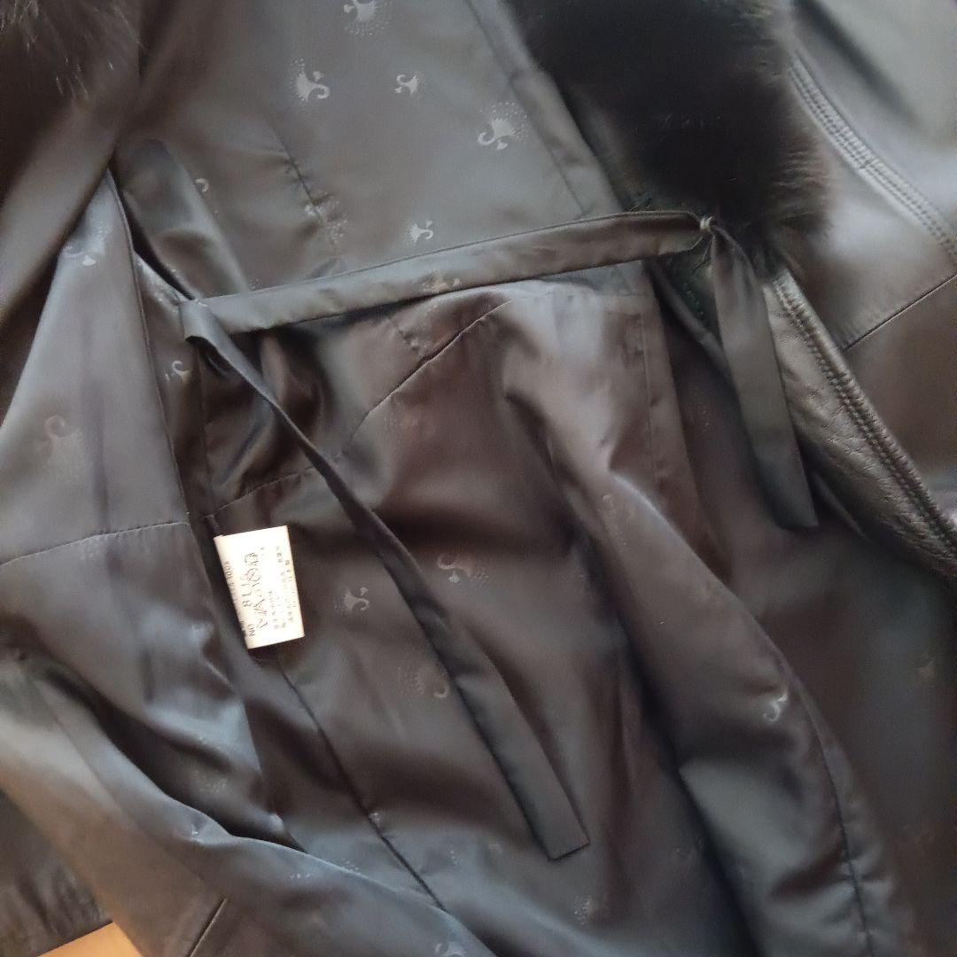 【ラムレザー】【フォックスファー】ロングレザーコート ベルト付き ブラック