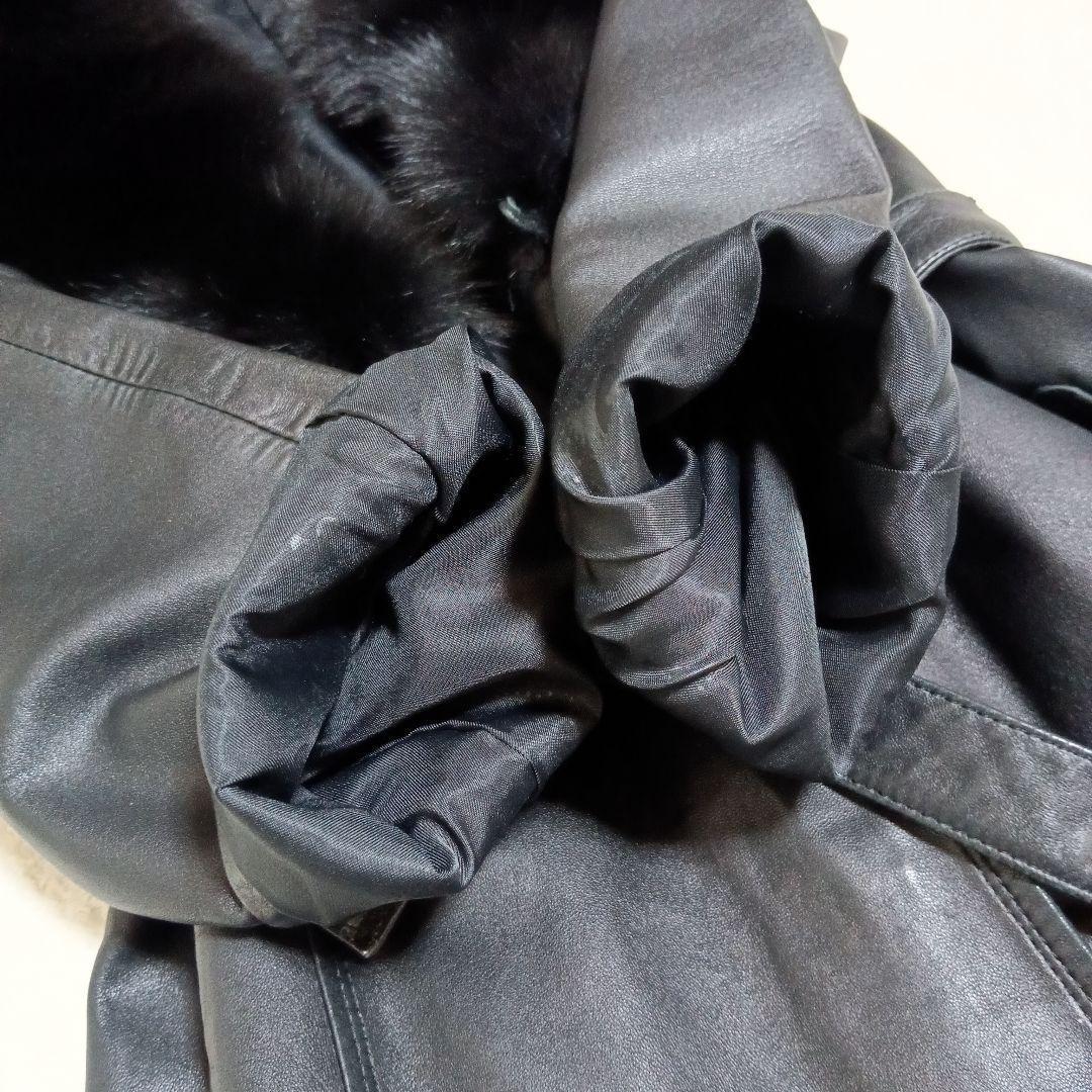 【ラムレザー】【フォックスファー】ロングレザーコート ベルト付き ブラック