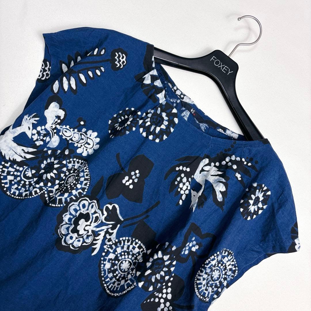 美品✨45r 45rpm インディゴ 不死鳥 更紗 ブラウス Lサイズ ブルー