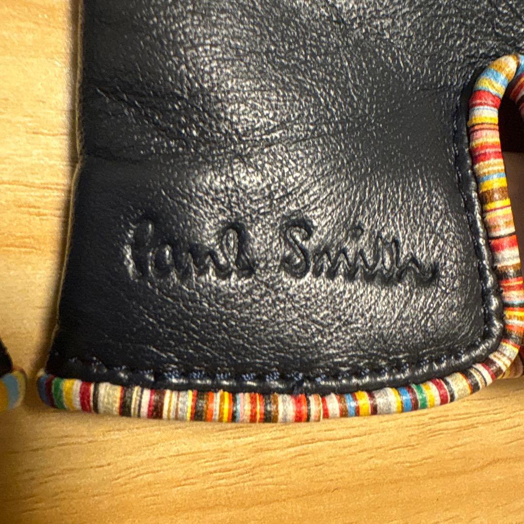 Paul Smith 濃青 シグネチャーストライプパイピングレザーグローブ