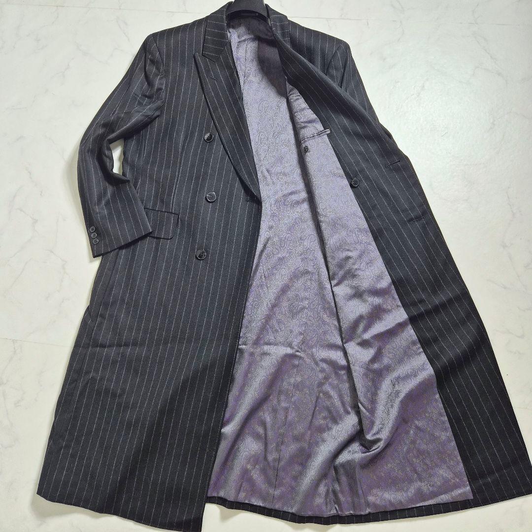 【美品 XL～2XL相当】 ダブルチェスターコート ペイズリー マキシ丈 黒