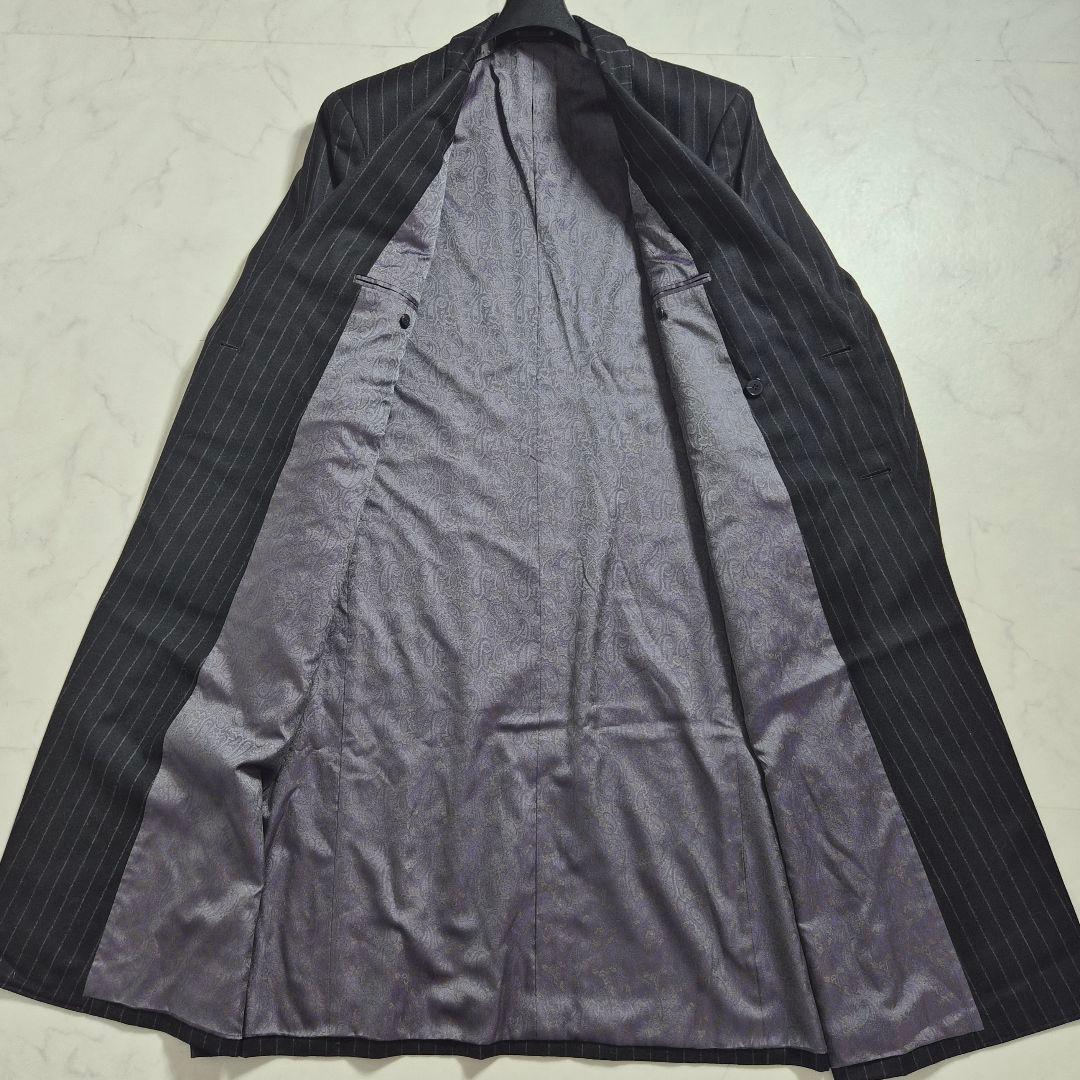 【美品 XL～2XL相当】 ダブルチェスターコート ペイズリー マキシ丈 黒