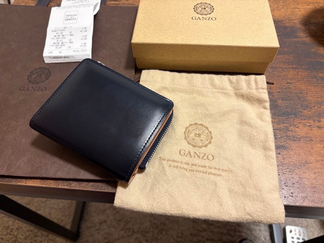 GANZO ネイビー CORDOVAN (コードバン) Lファスナー二つ折り財布