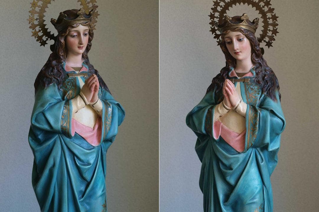 祝福された聖母マリアの祈り戴冠の聖母 リンゴをくわえた蛇を踏み祈る聖母/J772