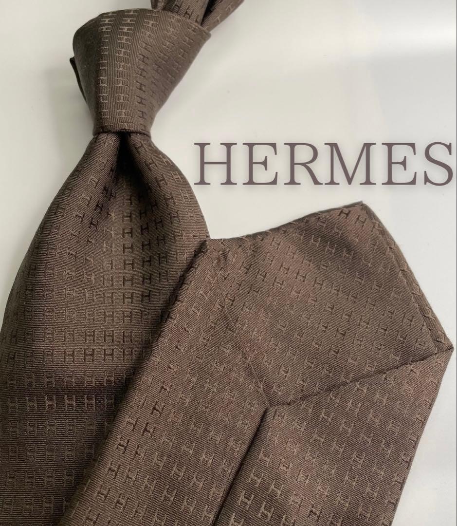 美品 エルメス ハイブランド ネクタイ H柄 ファソネ ブラウン カーキー