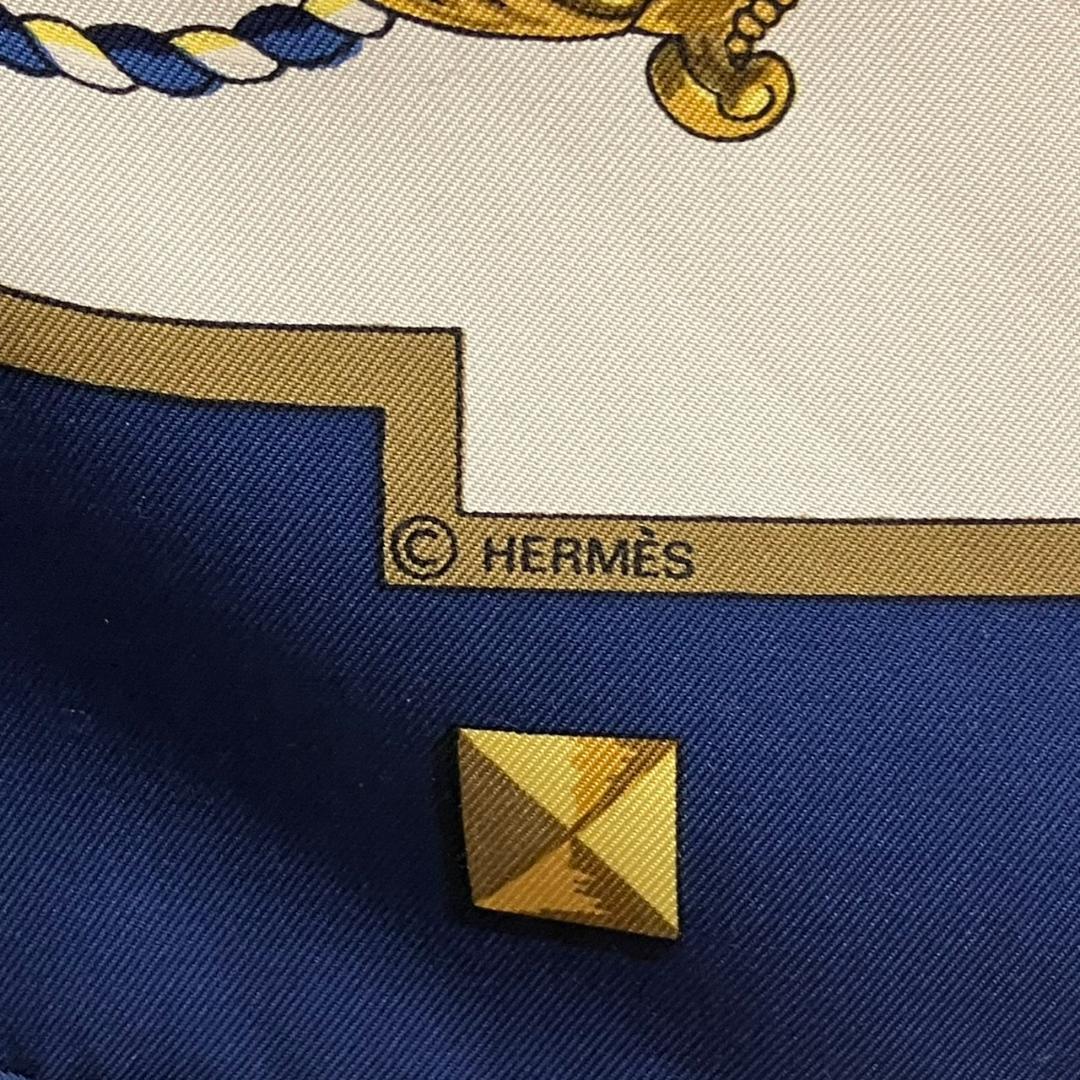 エルメス　カレ90 スカーフ LES CLES 鍵柄 シルク100％ ブルー系