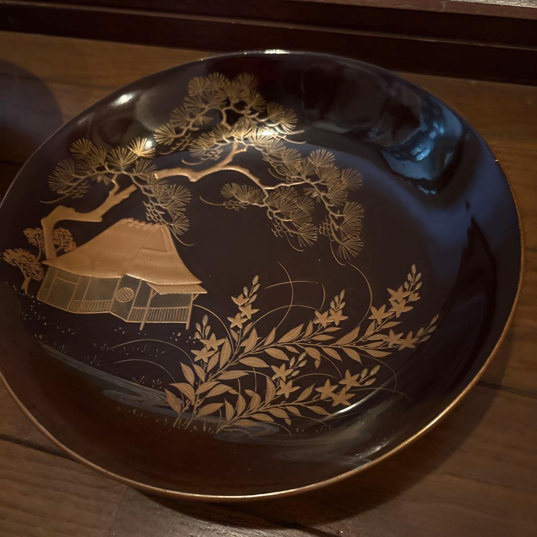黒塗蒔絵菓子鉢アンティーク大平木箱付き漆器蓋付き金蒔絵風流な絵付けわびさび茶道具