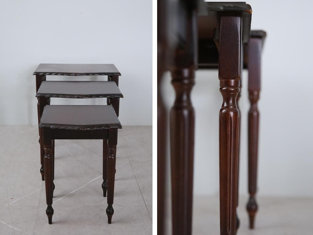 英国アンティーク木製ネストテーブル3台/机/飾り棚/サイドテーブル(89-300