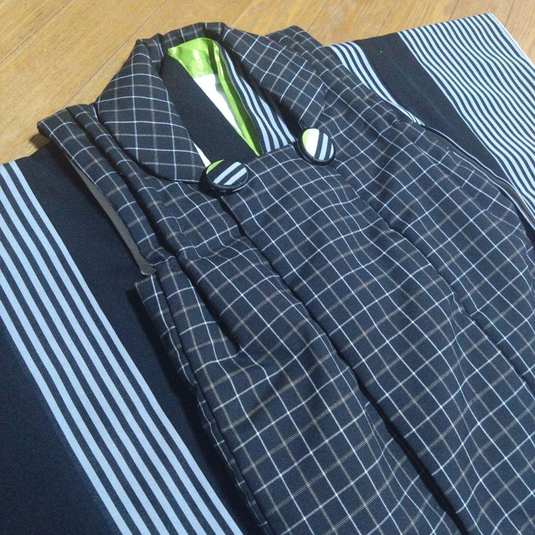 三歳★美品★モダン★チェック被布＆黒ストライプ着物＆雪駄18