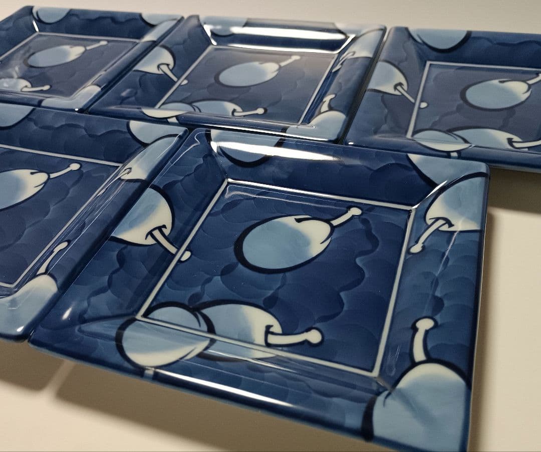 【未使用品】源右衛門窯 染濃 プルーン文 角皿 銘々皿 5枚組