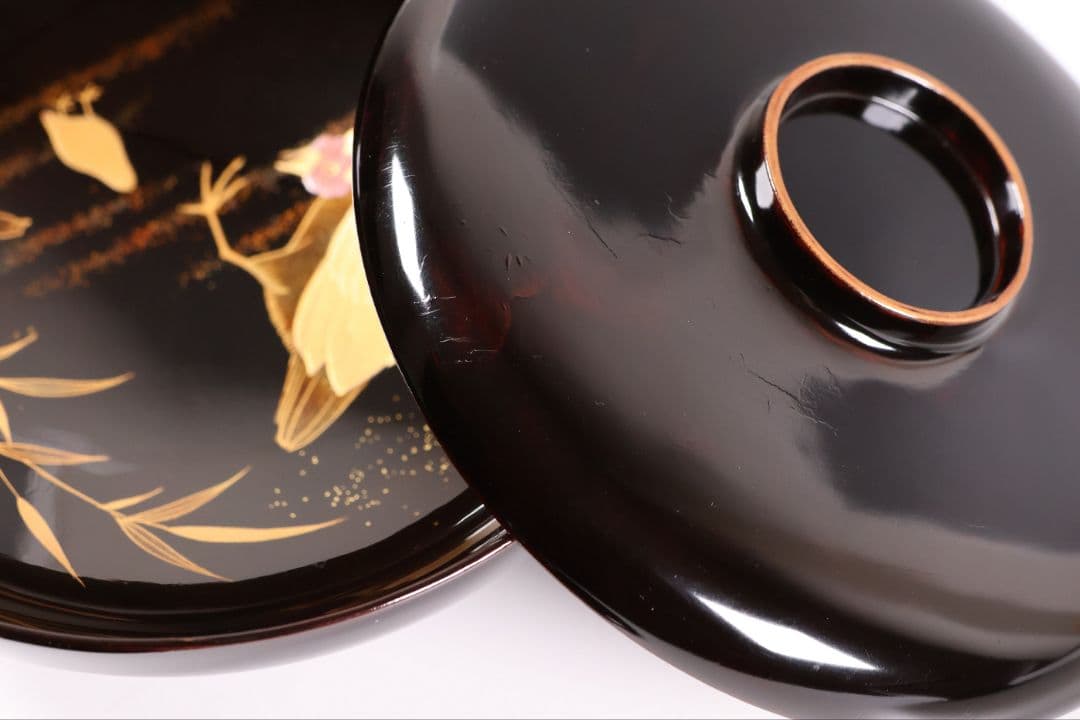 【CM352】時代蒔絵椀 竹に鶏金蒔絵 平椀二客 木製 /(検) 輪島塗加賀能登