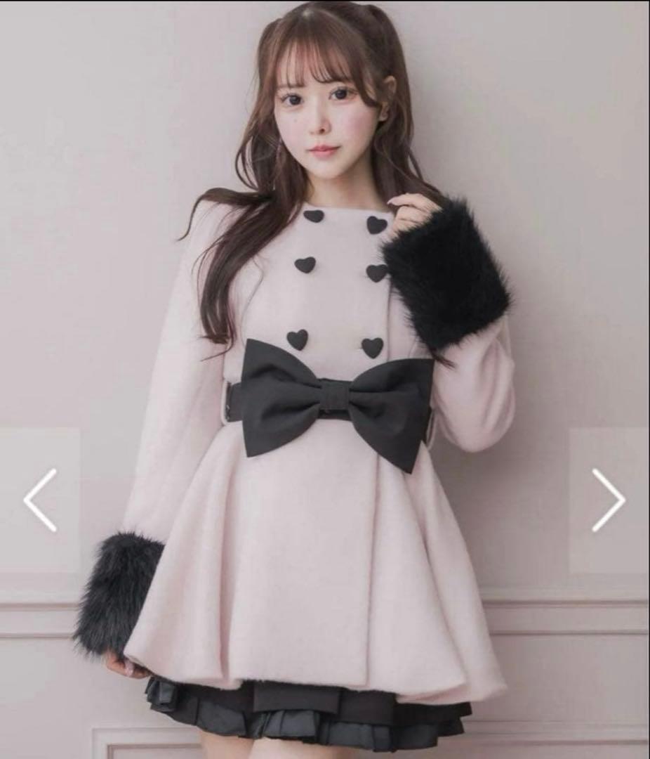 pium ピウム ハートボタンリボンベルトシャギーコート ピンク