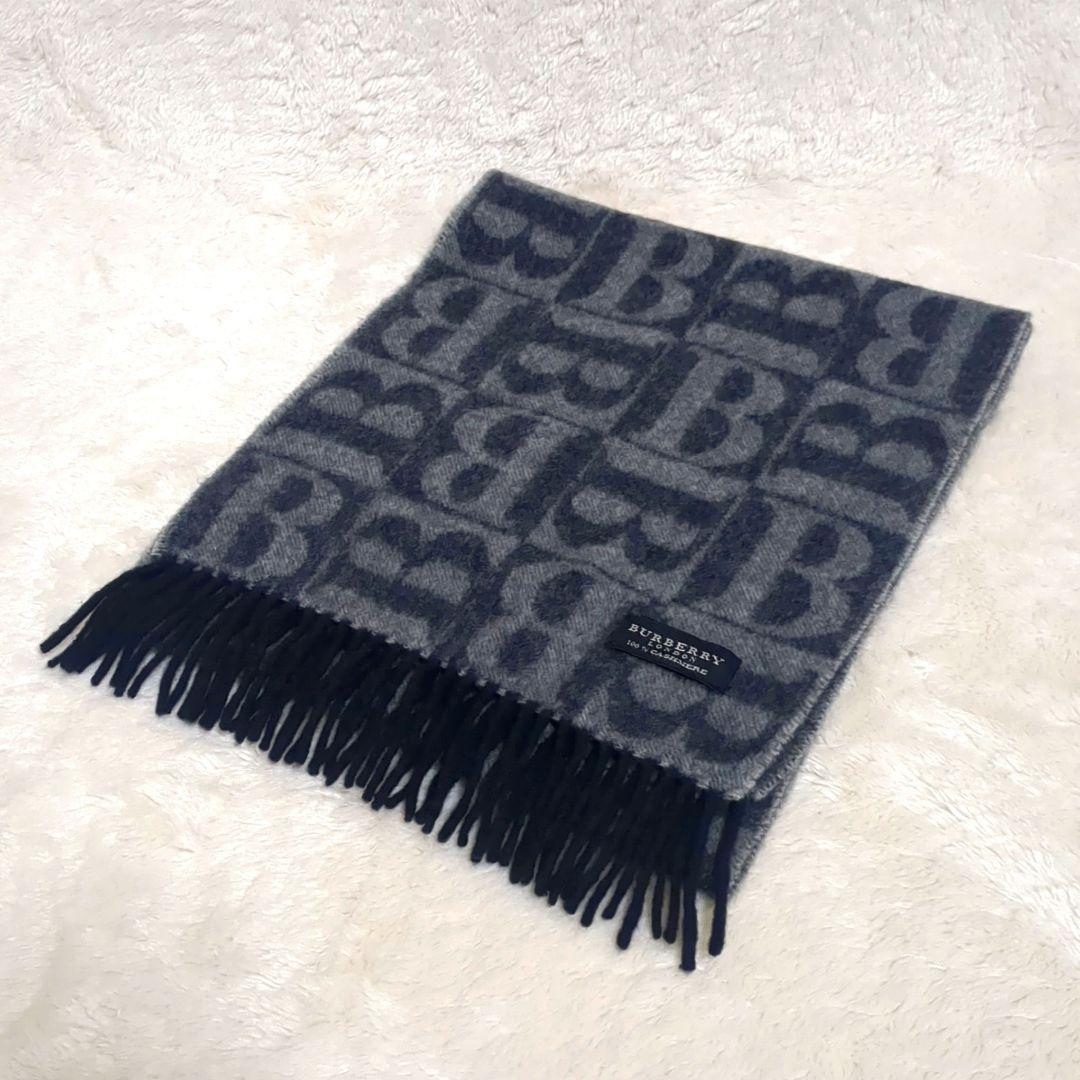 美品✨BURBERRY LONDON カシミヤ マフラー Bロゴ 総柄 紺