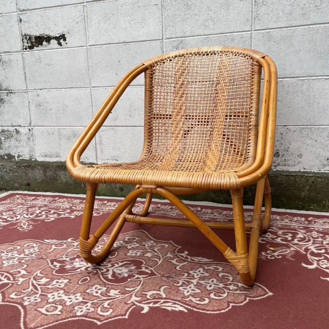古家具ナチュラル天然素材◾️籐ラタンフレーム ラタンチェア 椅子 アームチェア A