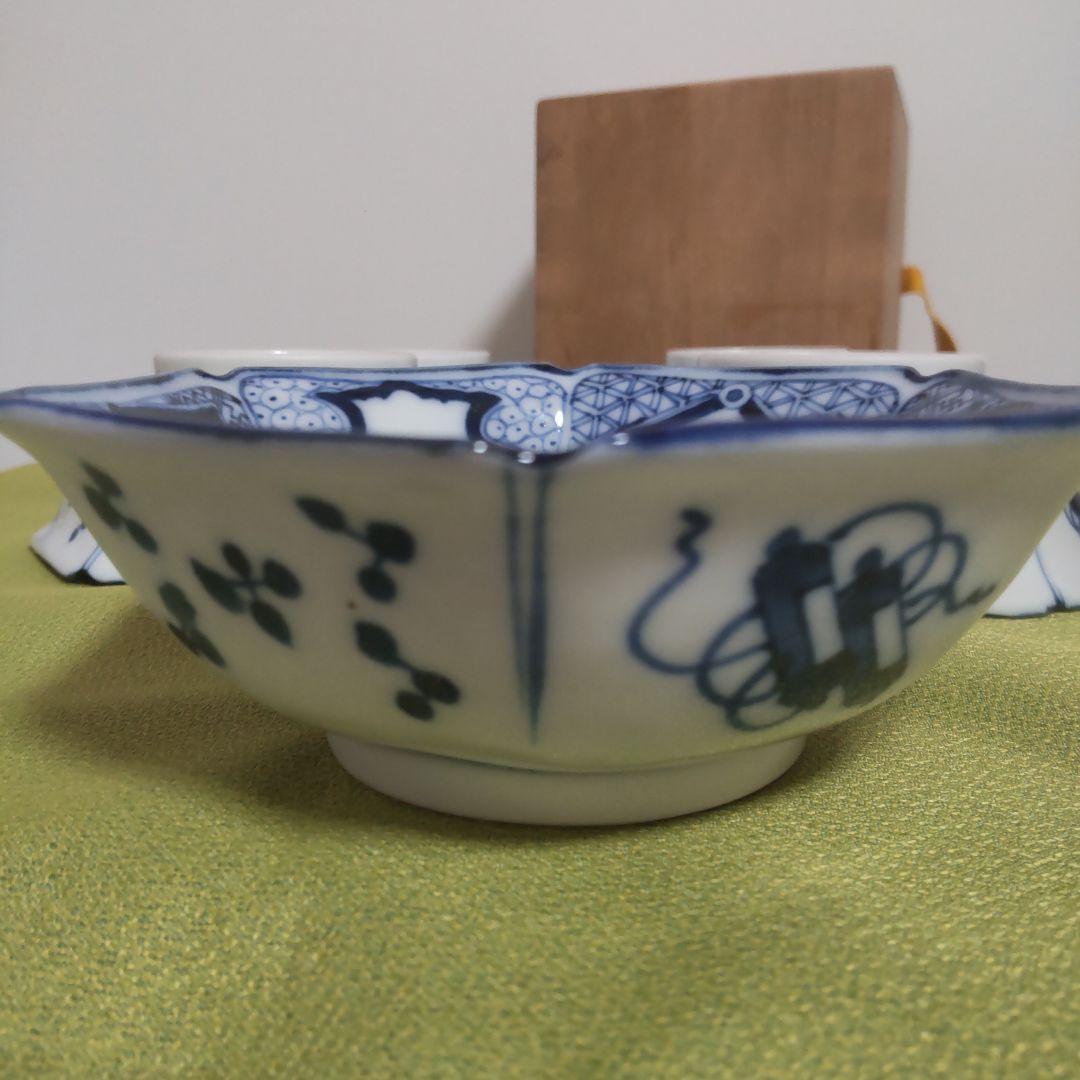 骨董 手描き 伊万里焼 藍九谷 古九谷 染付 古伊万里 六角 小鉢 木箱付