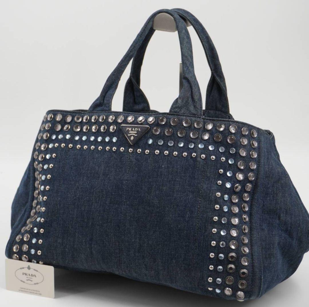 希少✨ギャラ付 プラダ　カナパ　ビジュー　スタッズ　Y2K　トートバック　デニム