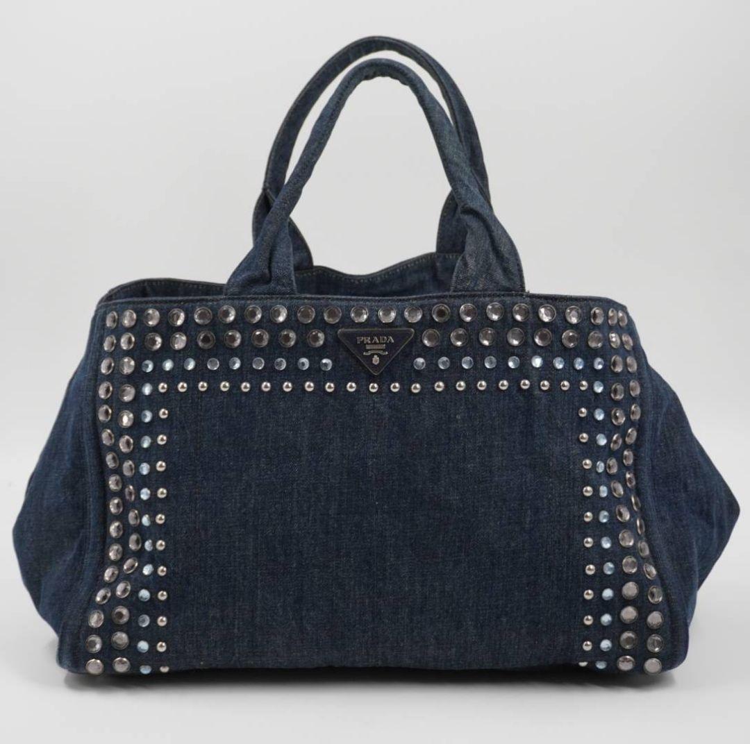 希少✨ギャラ付 プラダ　カナパ　ビジュー　スタッズ　Y2K　トートバック　デニム