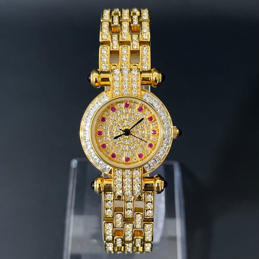 【極美品】ルイラーセル　天然ルビー＆クリスタル 24K金メッキ 腕時計