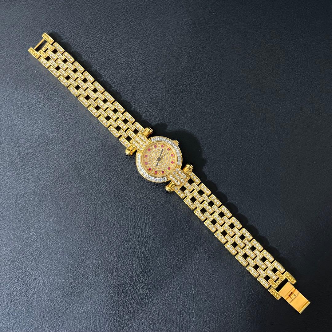 【極美品】ルイラーセル　天然ルビー＆クリスタル 24K金メッキ 腕時計