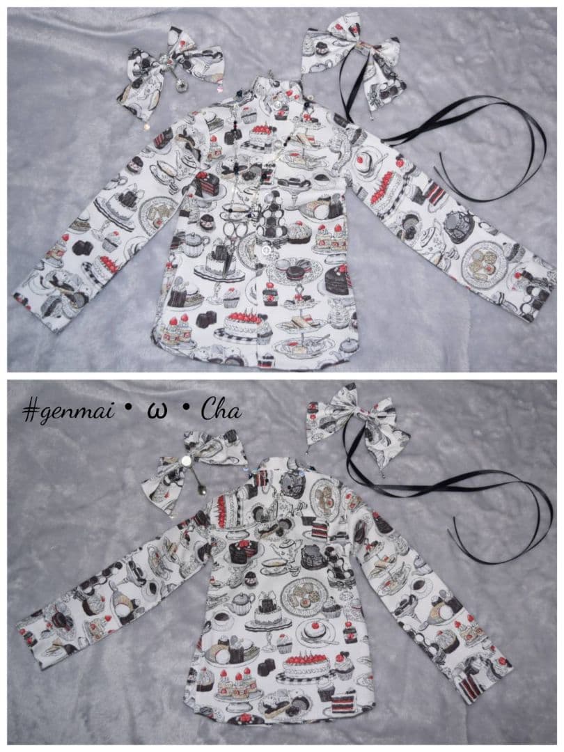 1/3ドール用オバケ袖シャツ お茶会柄(白)ネックレスセット