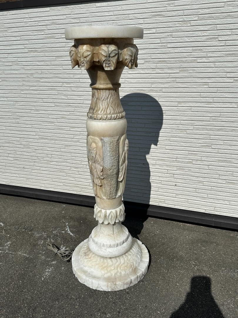当時物 現状品 彫刻 明り ライト? 装飾付き 花台 台座 大理石? 白水晶？
