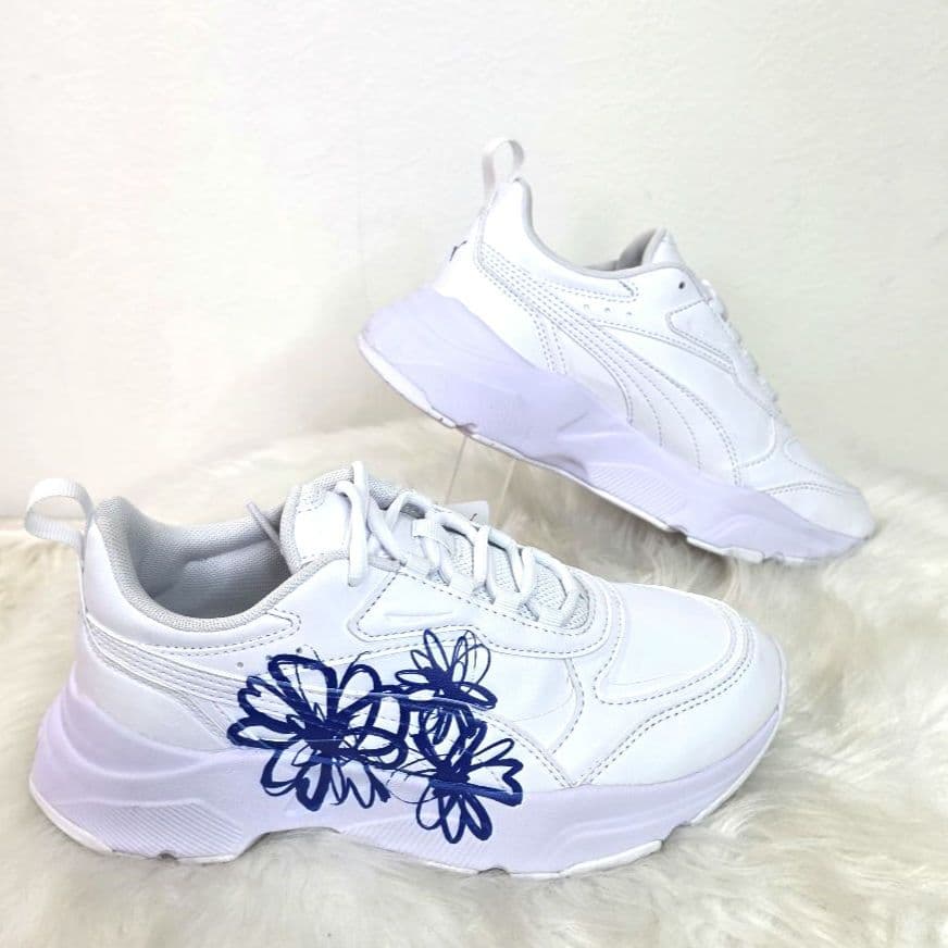 プーマ　カシーア グラフィック　ブルー　フラワ　ホワイト　厚底　スニーカー　23