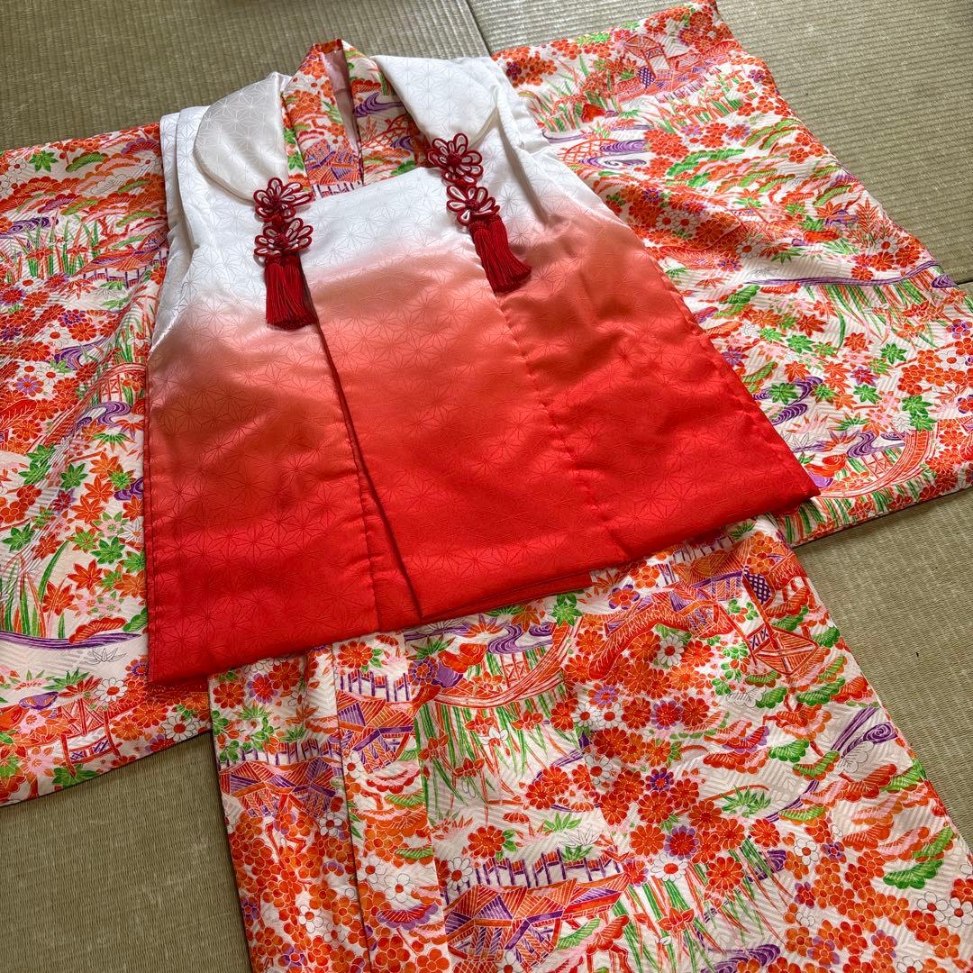レトロ　総柄　正絹　七五三着物　3歳　女の子　被覆　襦袢付き　3点セット