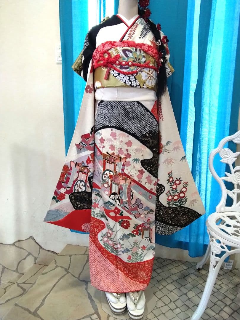 振袖フルセット、正絹絞り振袖、成人式、重ね衿帯揚げ帯締め、西陣袋帯、襦袢