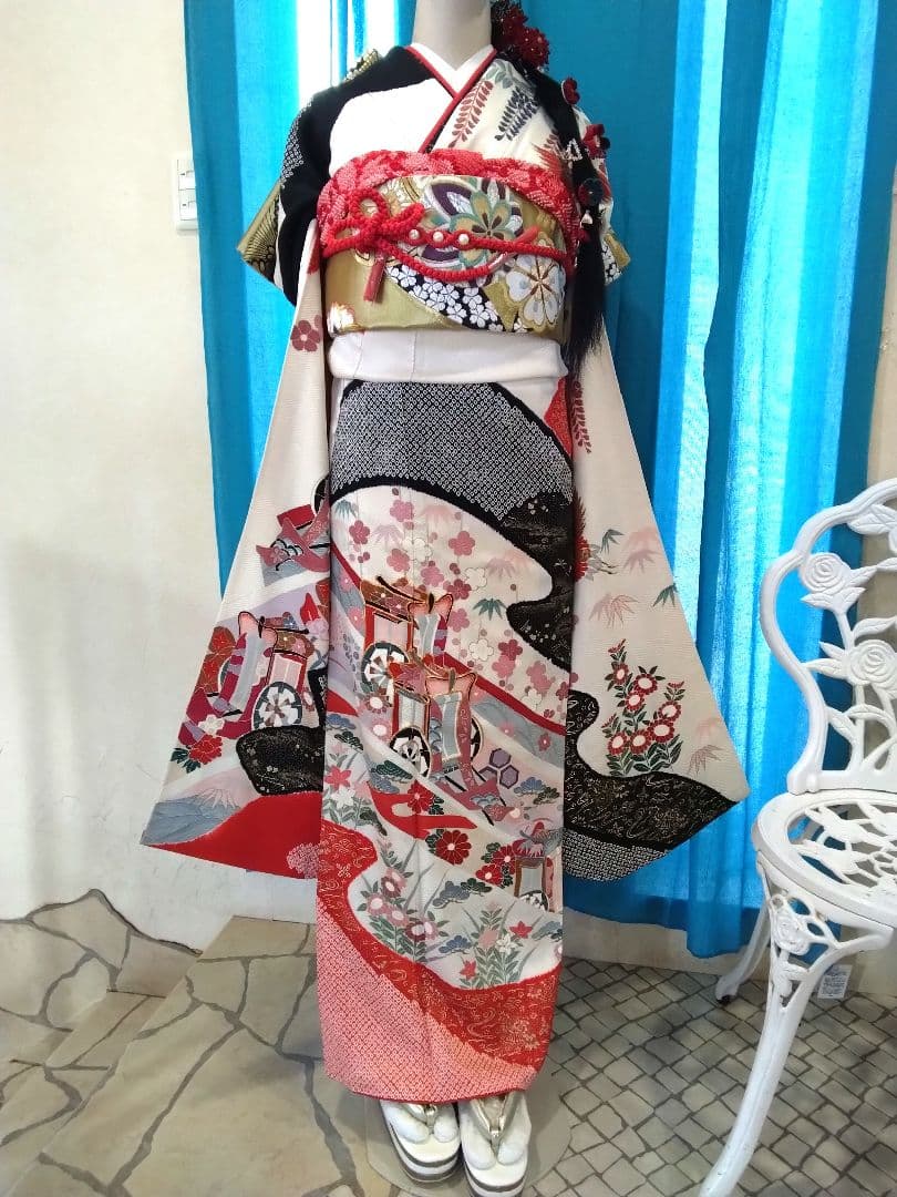 振袖フルセット、正絹絞り振袖、成人式、重ね衿帯揚げ帯締め、西陣袋帯、襦袢