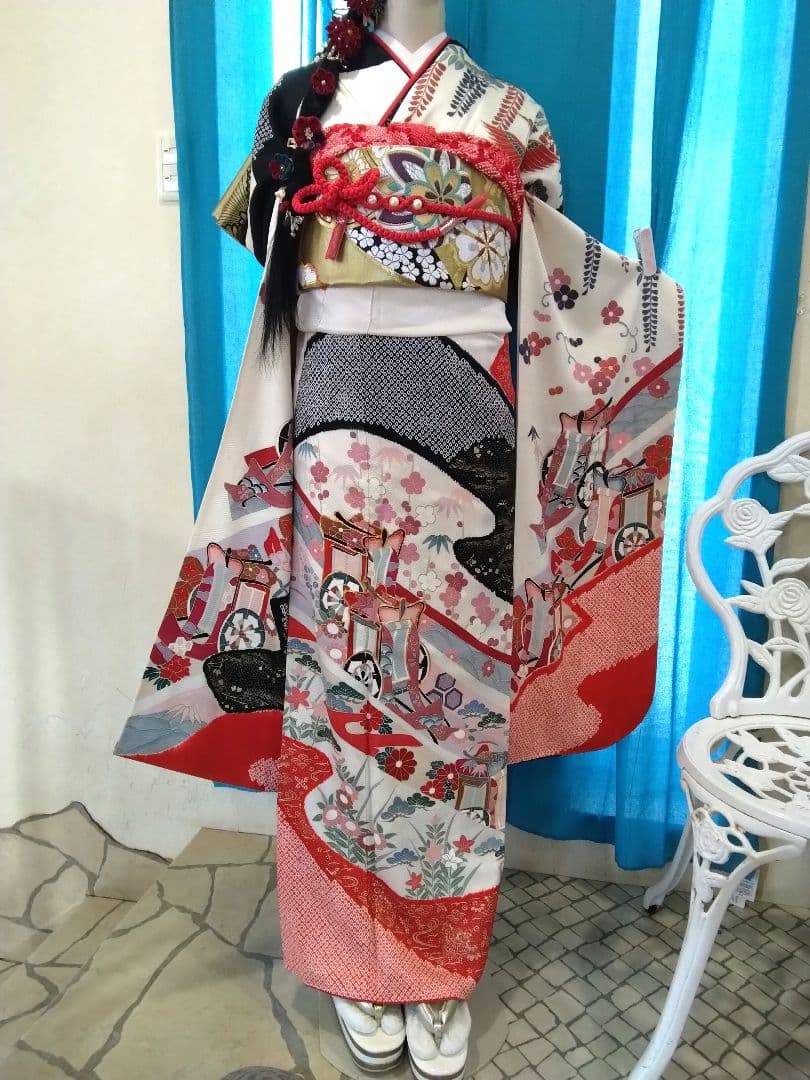振袖フルセット、正絹絞り振袖、成人式、重ね衿帯揚げ帯締め、西陣袋帯、襦袢