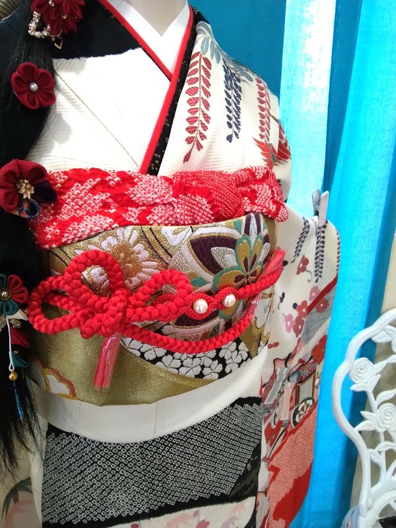 振袖フルセット、正絹絞り振袖、成人式、重ね衿帯揚げ帯締め、西陣袋帯、襦袢