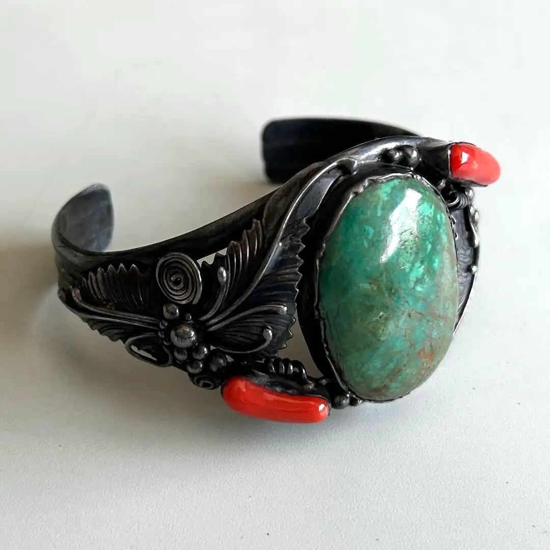 ナバホ 　ターコイズ　バングル　コーラル　925 インディアンジュエリー