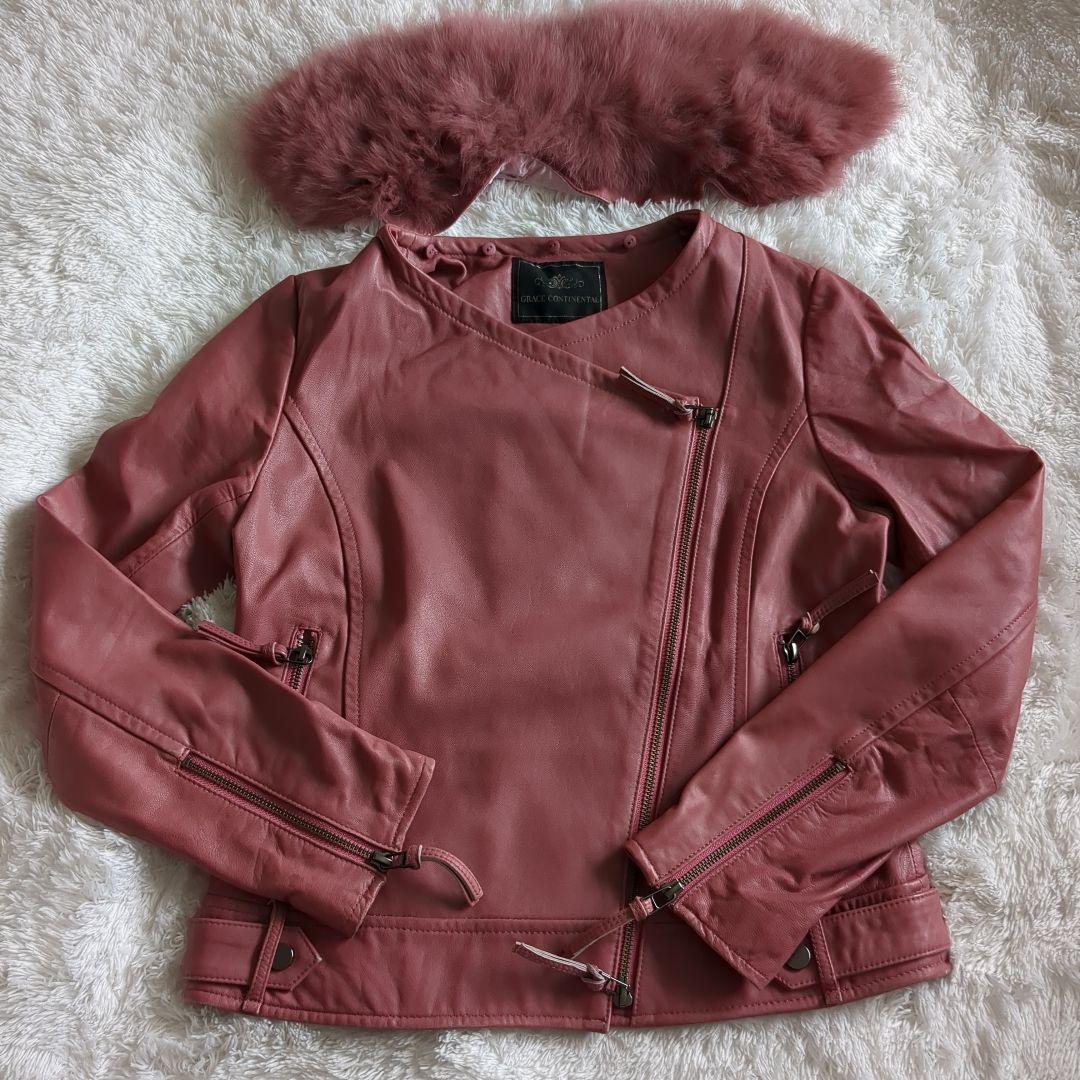 GRACE CONTINENTAL ラムレザー ファー ライダース 38 ピンク