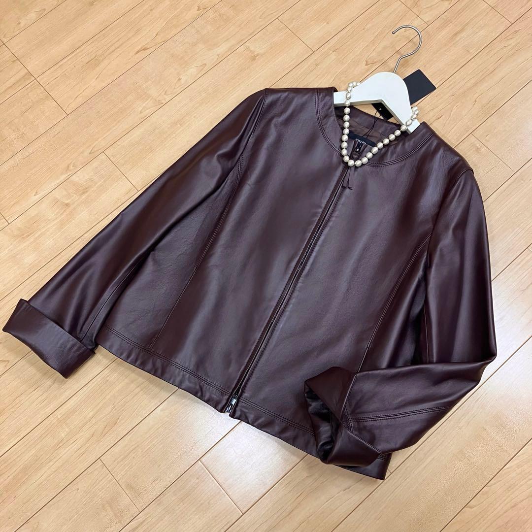 未使用JOSEPH◆レザーブルゾン40チョコレートブラウン15万ノーカラー羊革