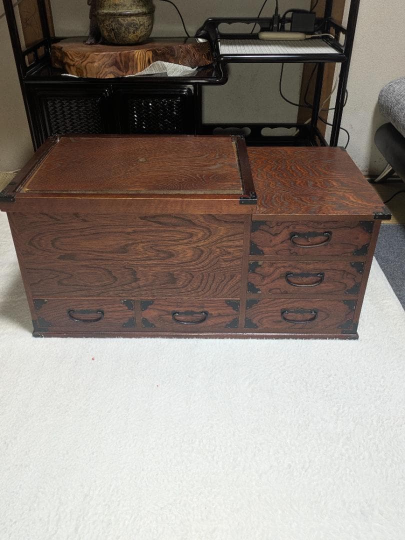 欅材 長火鉢 関東火鉢 五徳 金火箸付 時代家具 アンティーク 日本の道具 猫板