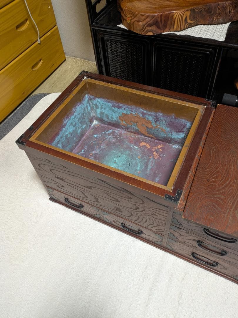 欅材 長火鉢 関東火鉢 五徳 金火箸付 時代家具 アンティーク 日本の道具 猫板