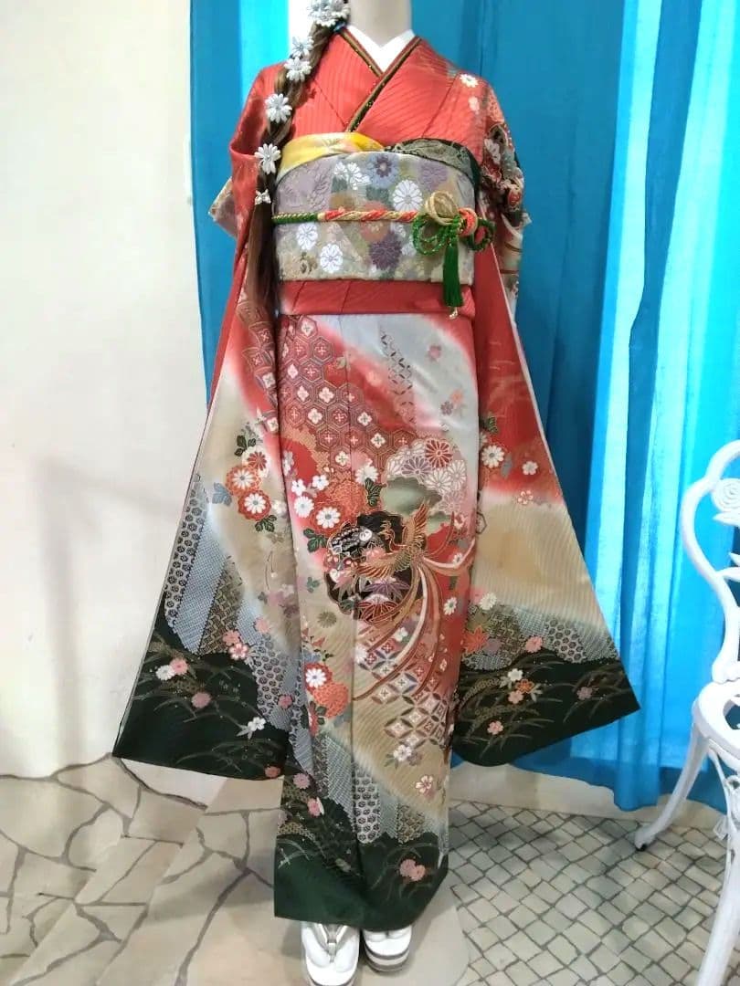 【新春】振袖フルセット、正絹振袖成人式、重ね衿帯揚げ帯締め、西陣唐織袋帯、襦袢