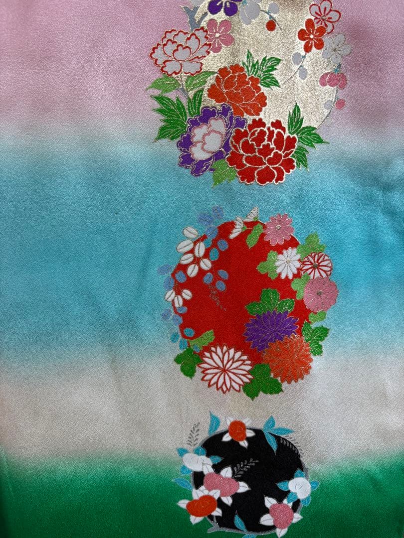 七五三　7才お嬢様　振袖　長襦袢　高級　正絹　金箔細工　優しいピンクグリーン