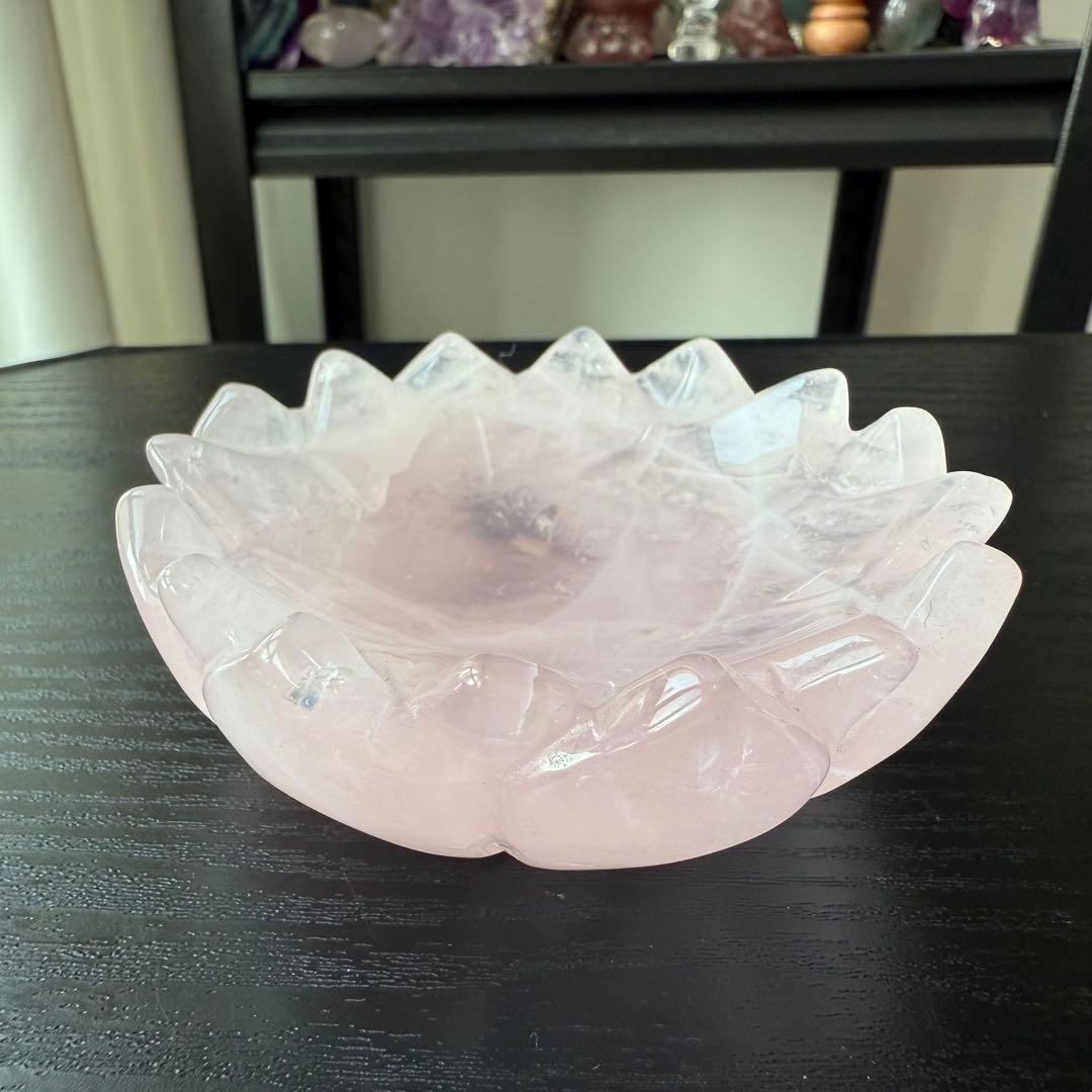 天然石ローズクォーツの蓮お皿　置物NO.112210