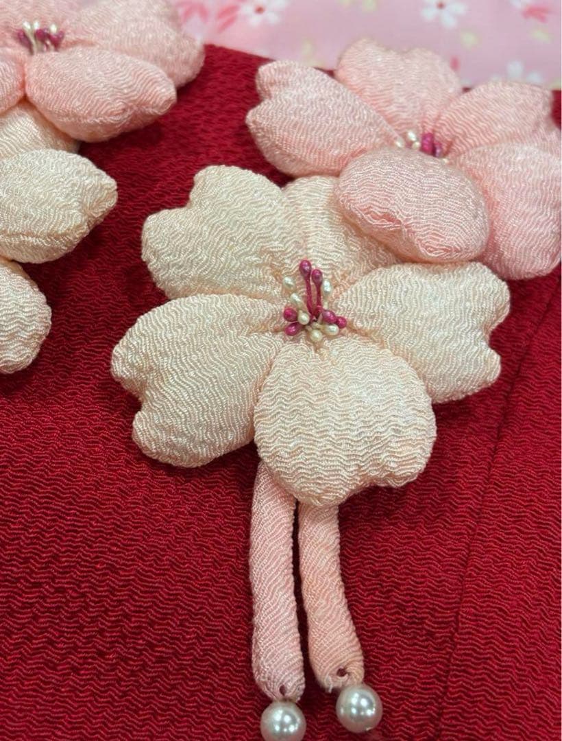 七五三　3歳女の子　着物セット　赤ちりめん　正絹被布　黒に八重桜　新品