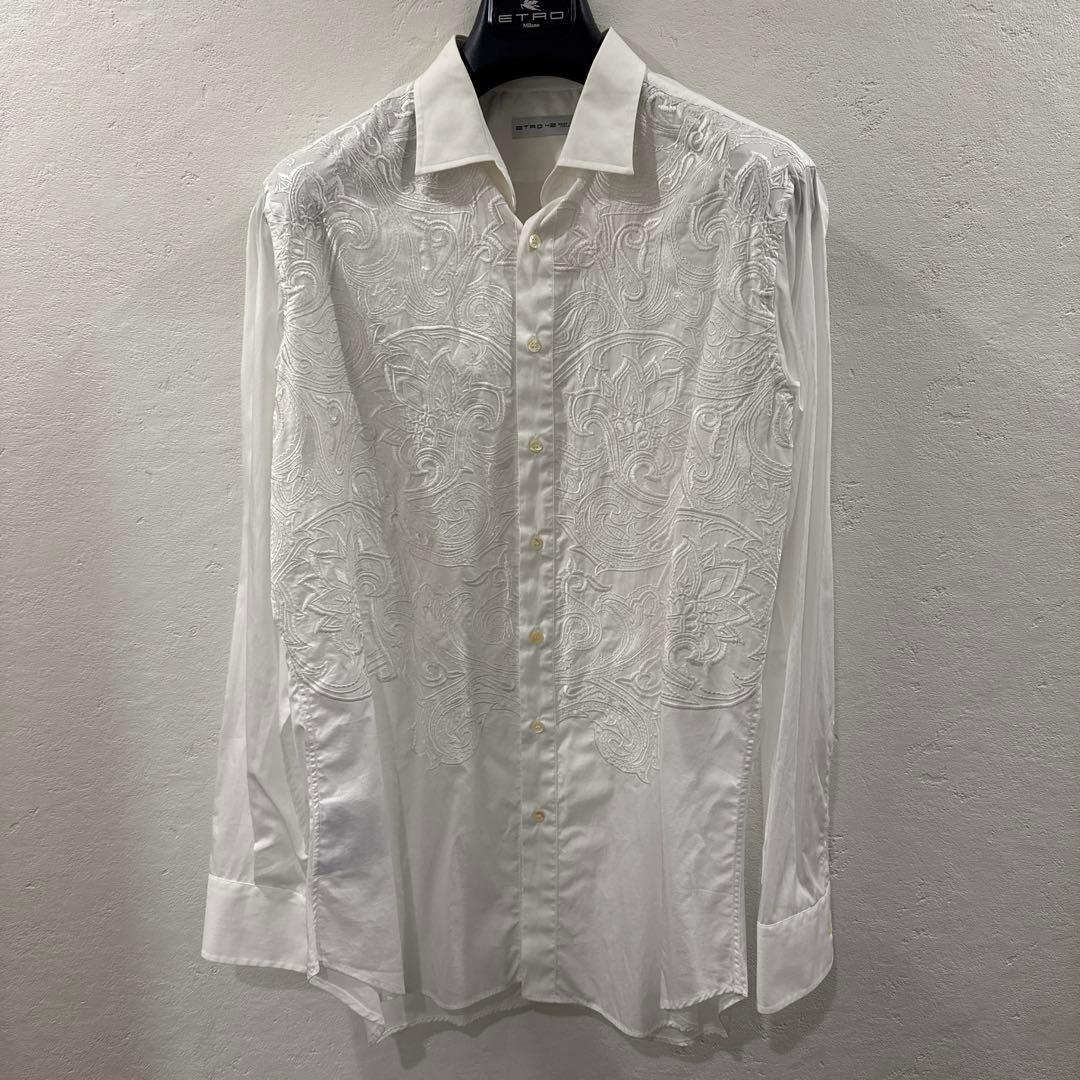 エトロ　刺繍ホワイト長袖シャツ