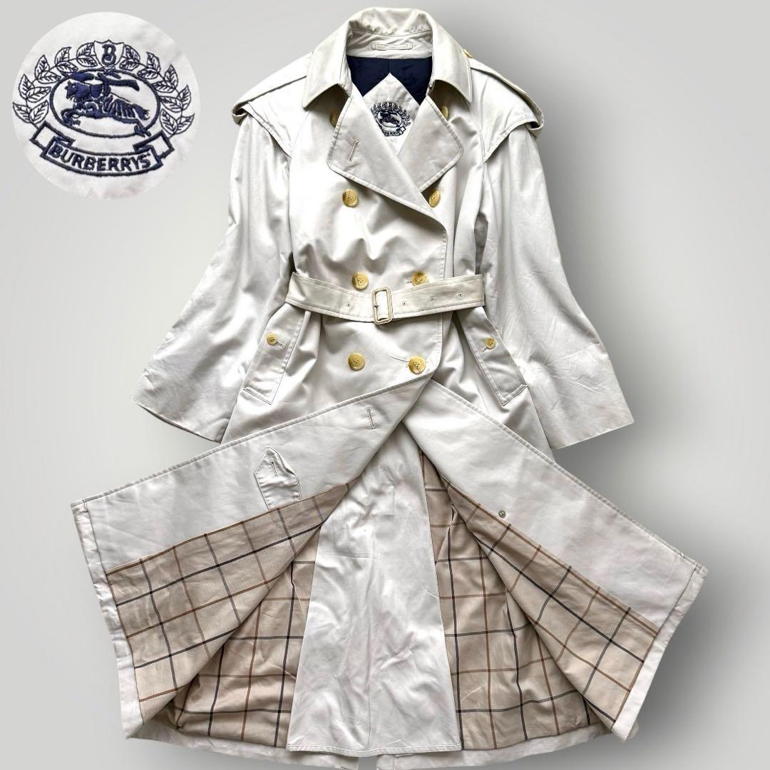 美品 着丈112 バーバリー ベルト付 トレンチコート チェック ホワイト系