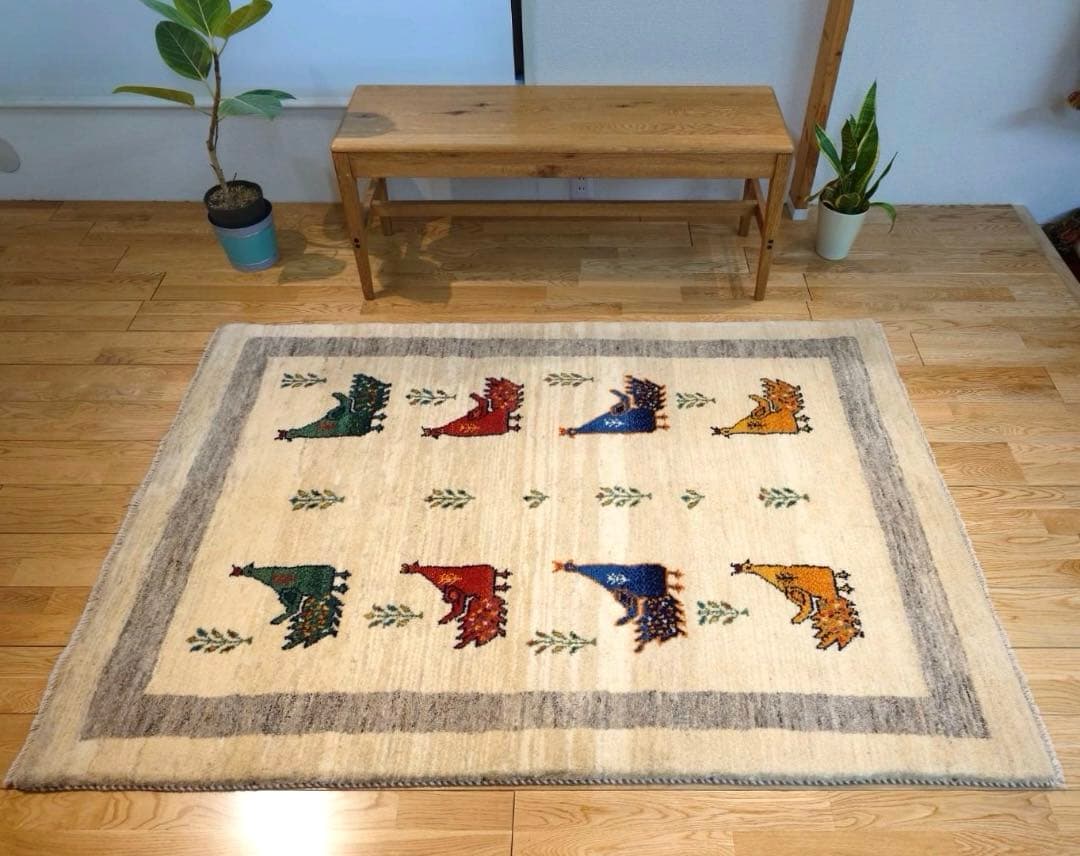 【キャンペーン】ペルシャ　ギャッベ　174×120　アイボリー　ベージュ　孔雀