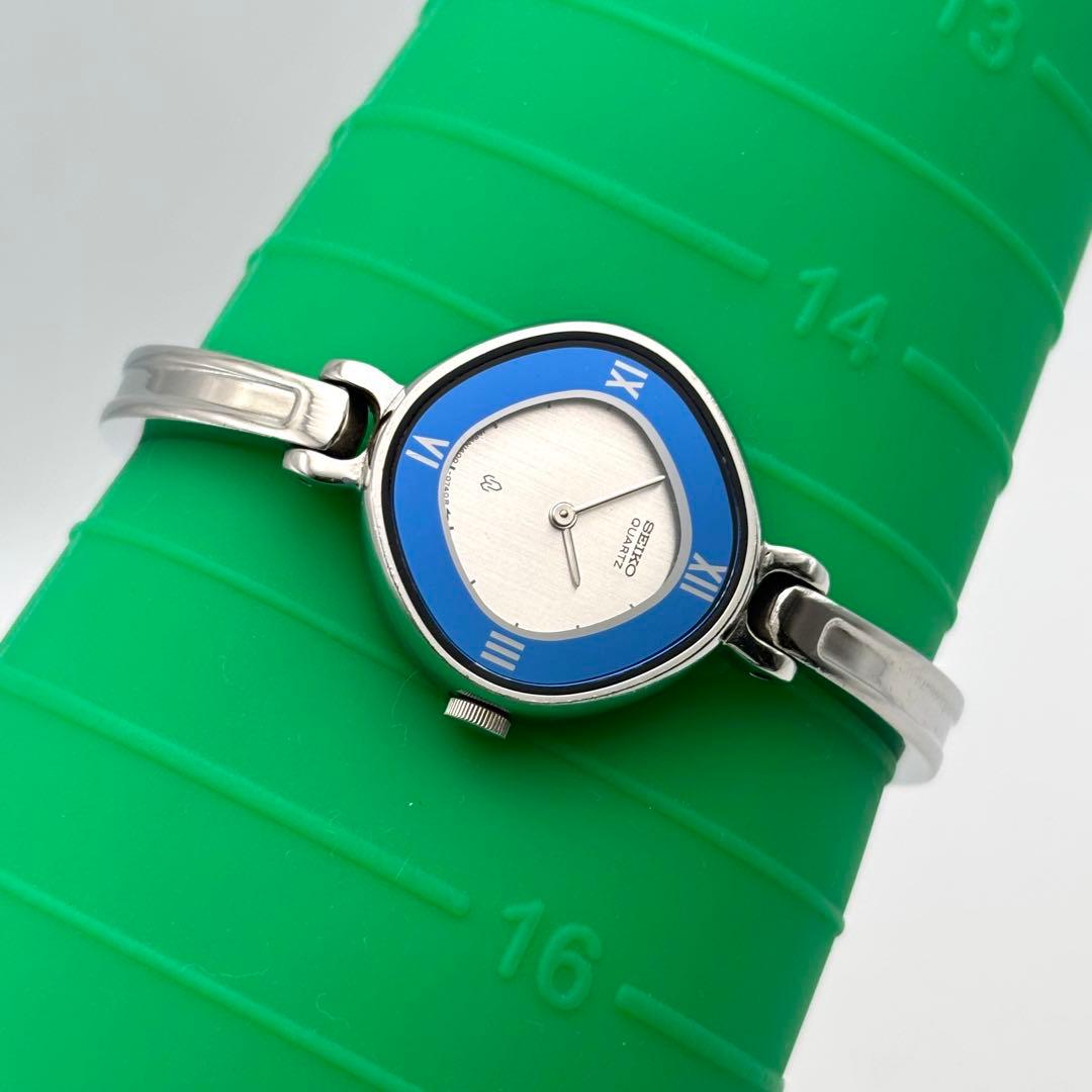 稼働品✨SEIKO セイコー ブルー 菱形 バングル 腕時計 レディース ブレス