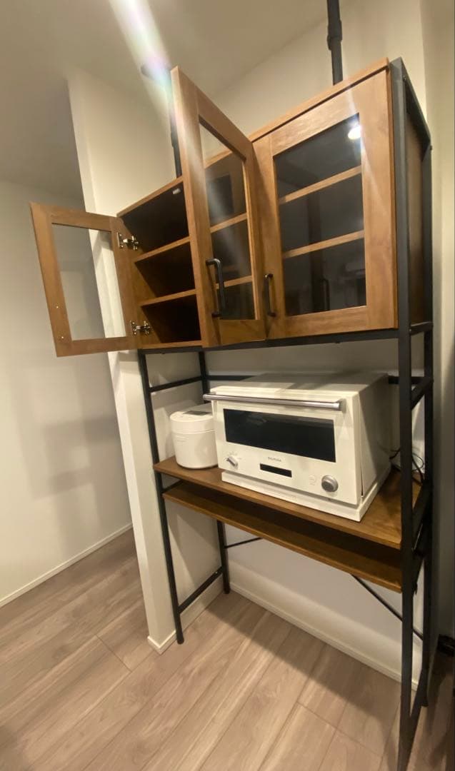 食器棚 レンジ台 キッチン収納 木目調×ブラック 耐震突っ張り付き 引き取り歓迎