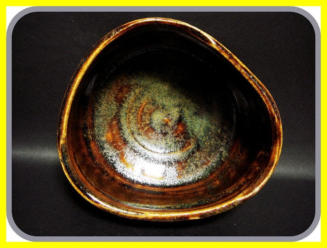 me507⑫『飴釉 十字紋 沓茶碗』　/骨董品 古美術 アンティーク 古玩