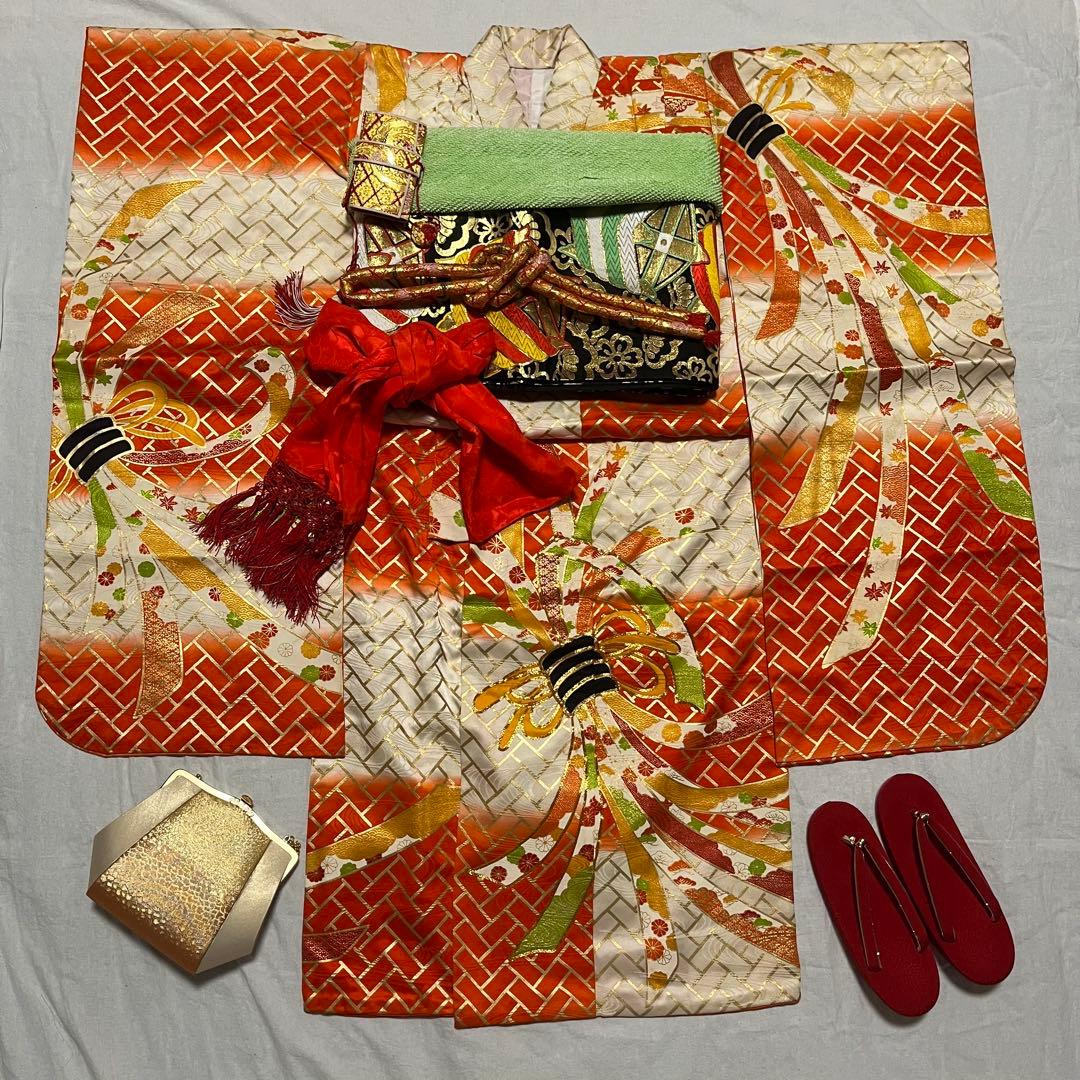 七五三　5歳　7歳　アンティーク　オレンジ　白